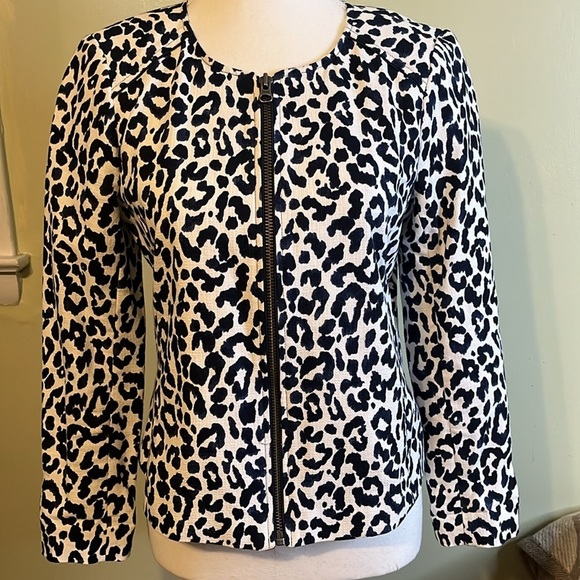 J.Crew Blue White Leopard zipper front Collarless Career Spring Blazer Jacket - Picture 1 of 15